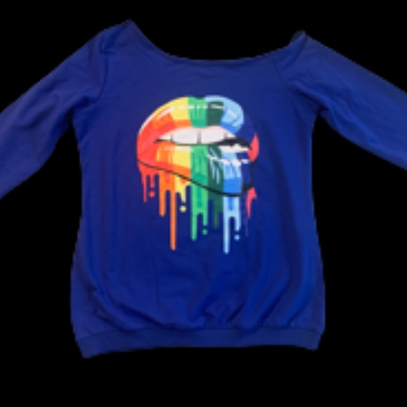 MagicMK Women's Shirts Rainbow Mouth Lips Off the Shoulder - Picture 5 of 13